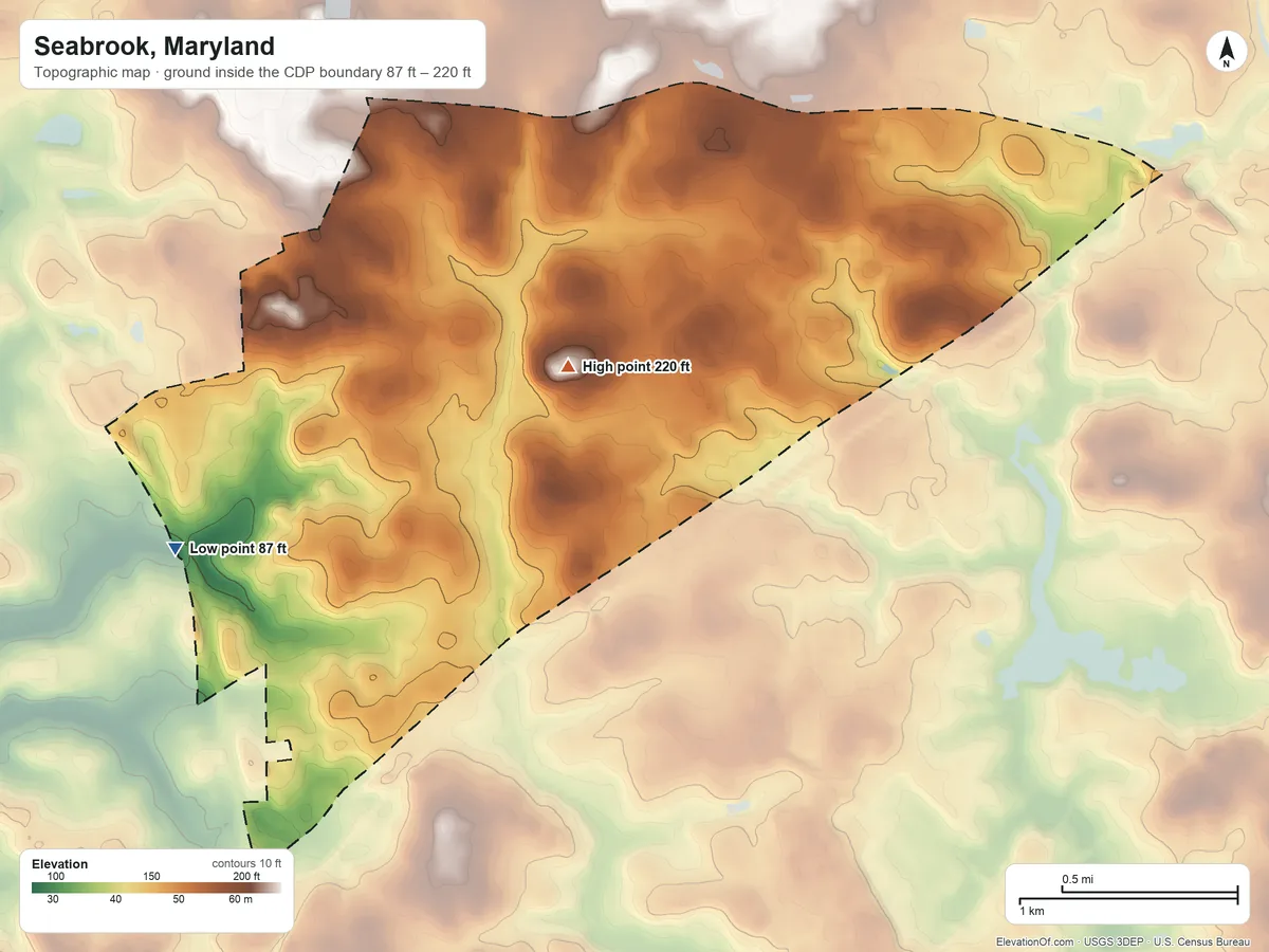 Topographic elevation map of Seabrook, Maryland, shaded from 87 ft on the southwest side to 220 ft near the middle