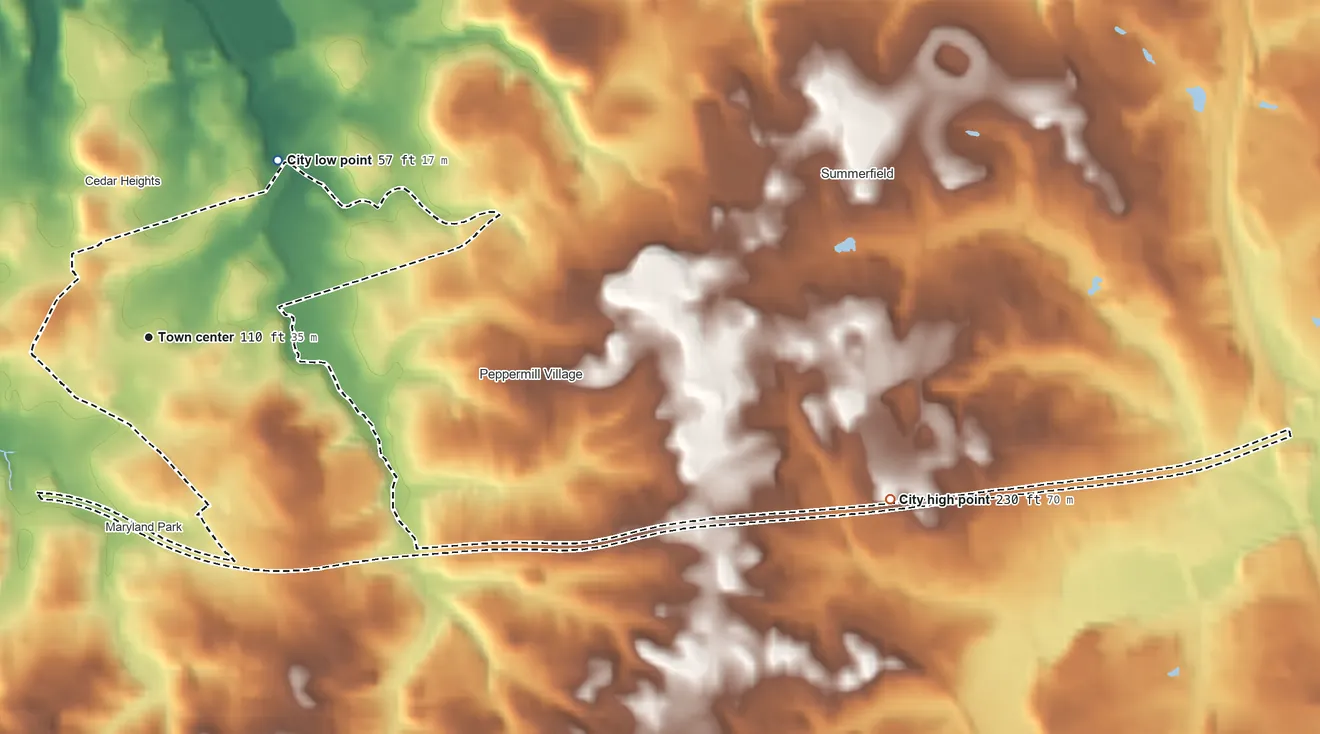 Topographic elevation map of Seat Pleasant, Maryland, shaded from 57 ft on the northeast side to 230 ft on the east side