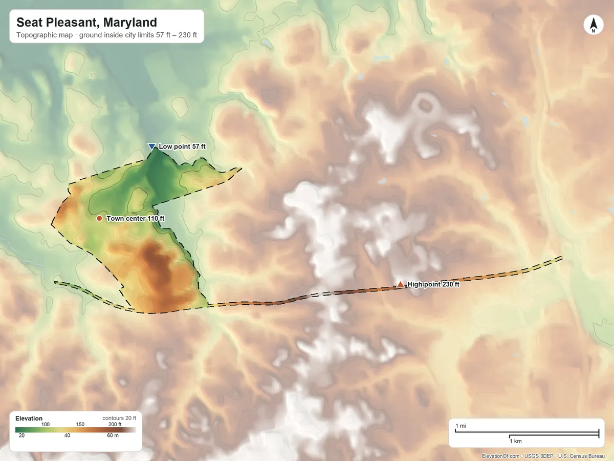 Topographic elevation map of Seat Pleasant, Maryland, shaded from 57 ft on the northeast side to 230 ft on the east side