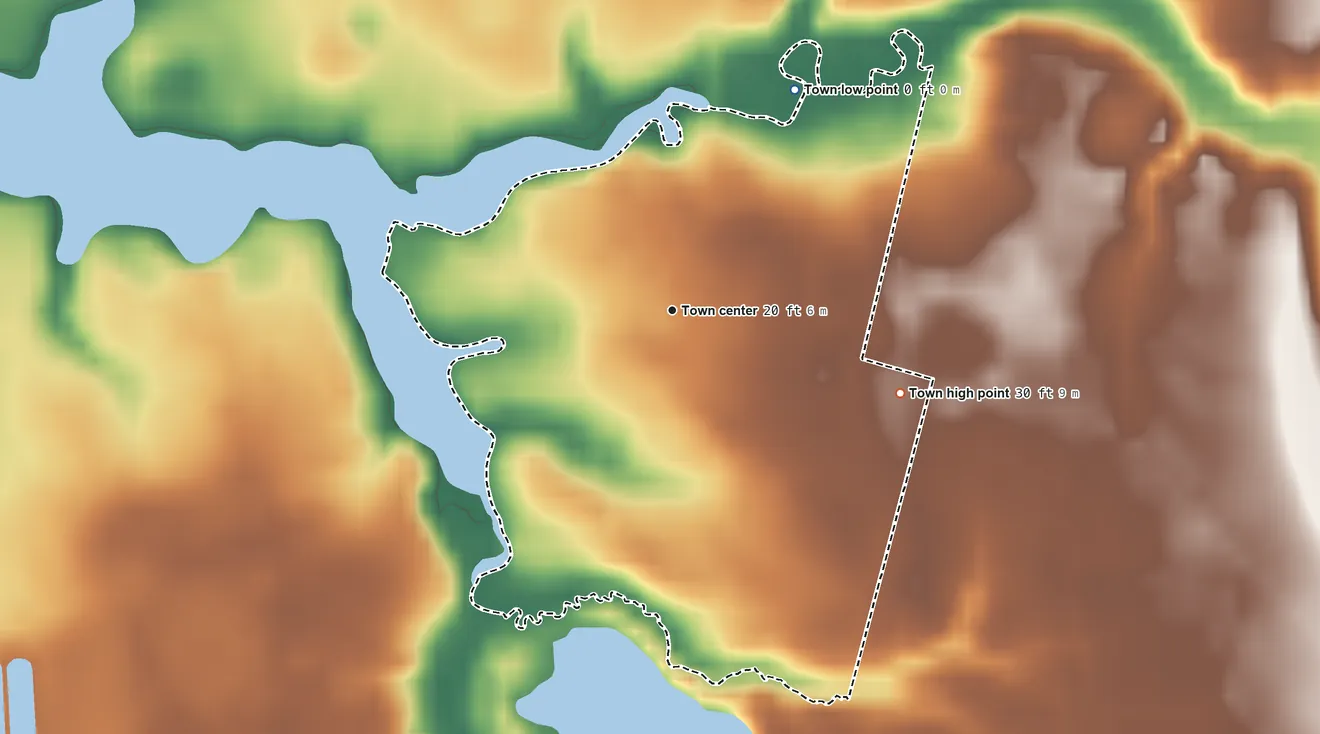 Topographic elevation map of Secretary, Maryland, shaded from 0 ft on the northeast side to 30 ft on the east side