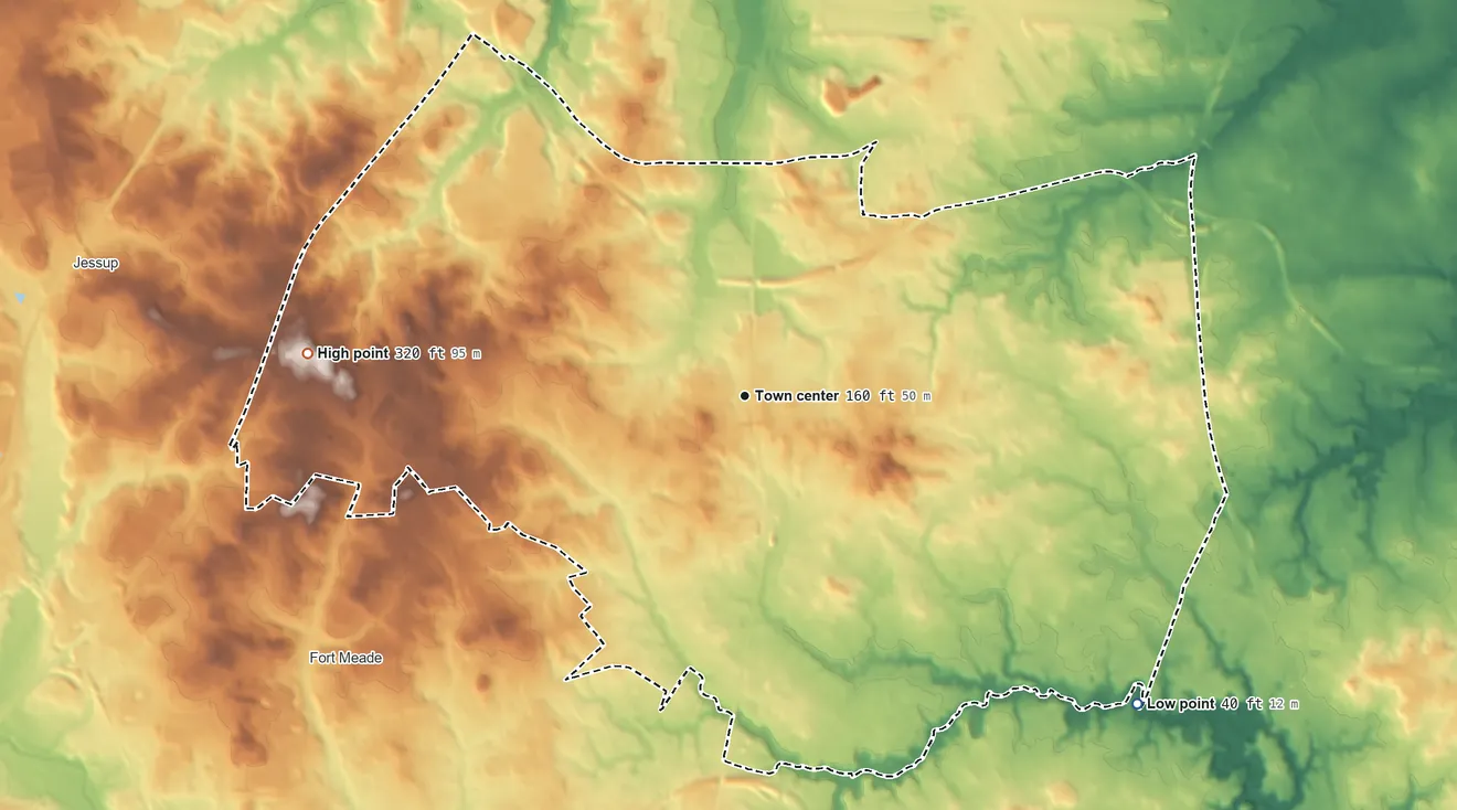 Topographic elevation map of Severn, Maryland, shaded from 40 ft on the southeast side to 320 ft on the west side