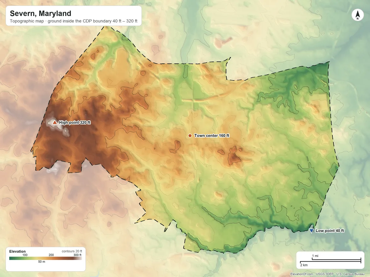 Topographic elevation map of Severn, Maryland, shaded from 40 ft on the southeast side to 320 ft on the west side