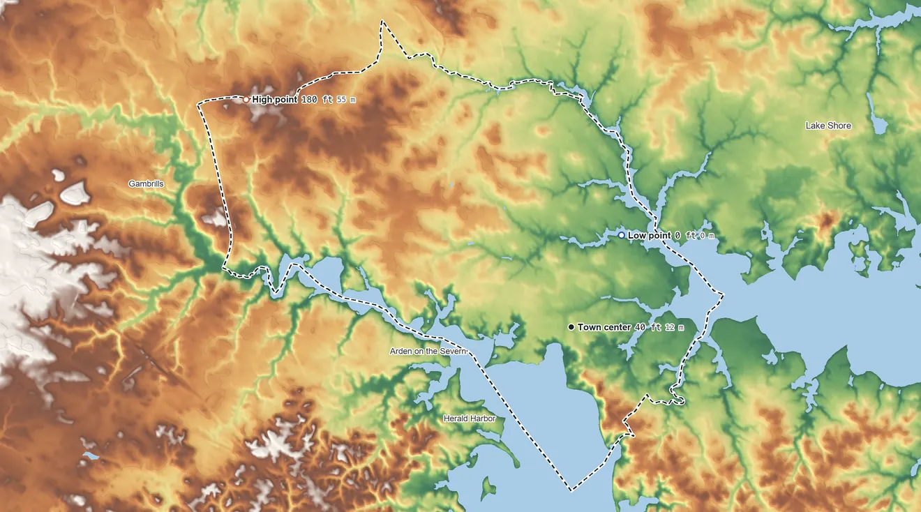 Topographic elevation map of Severna Park, Maryland, shaded from sea level level on Seclude Cove to 180 ft on the northwest side