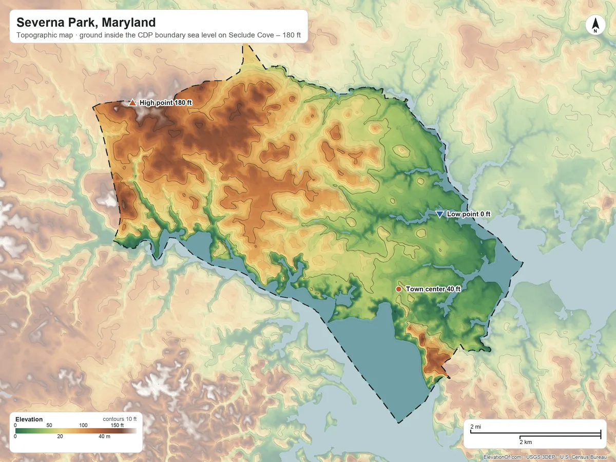 Topographic elevation map of Severna Park, Maryland, shaded from sea level level on Seclude Cove to 180 ft on the northwest side