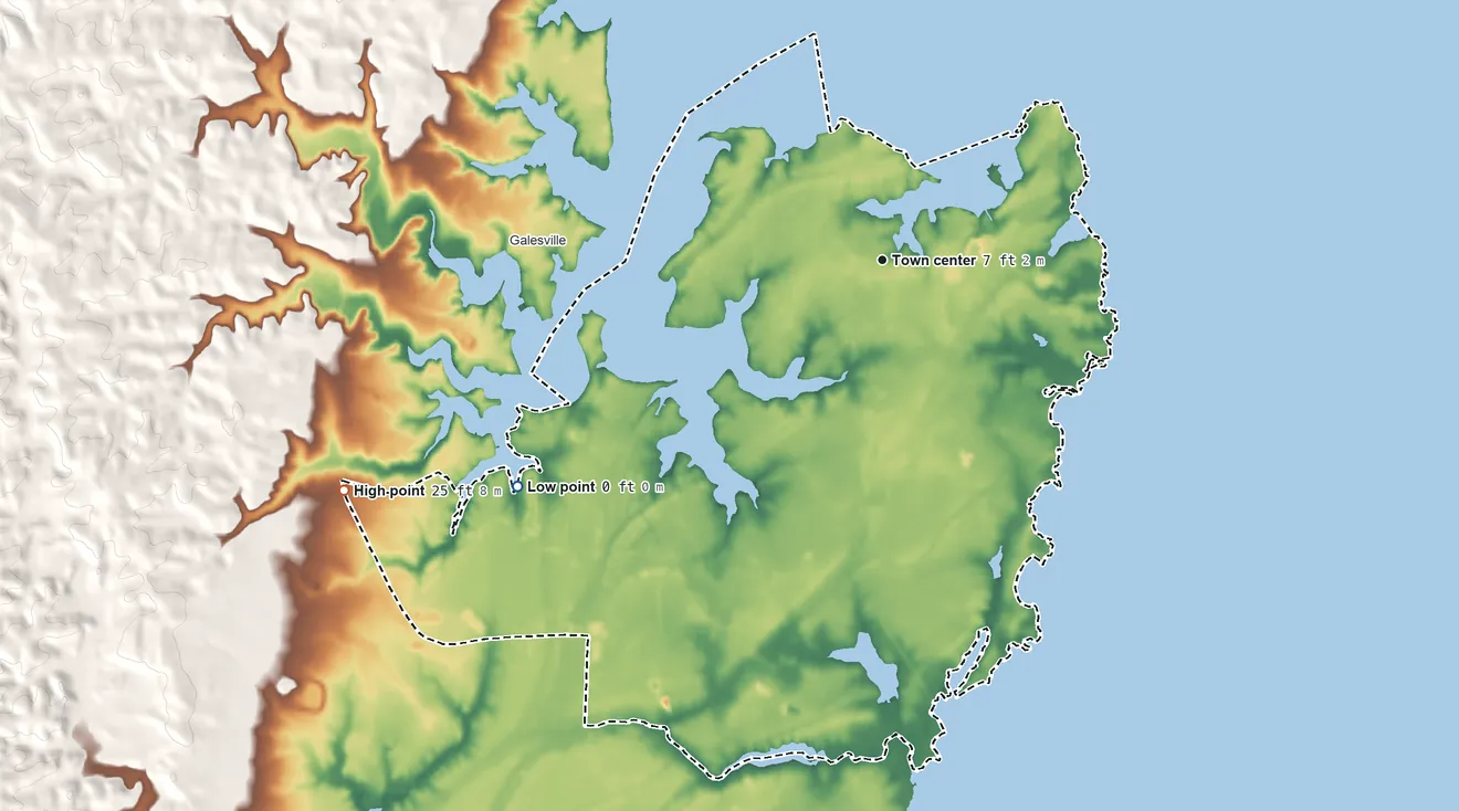 Topographic elevation map of Shady Side, Maryland, shaded from sea level level on the West River to 25 ft on the southwest side