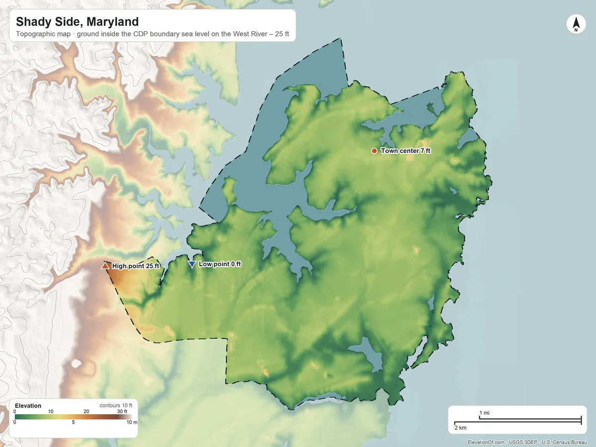 Topographic elevation map of Shady Side, Maryland, shaded from sea level level on the West River to 25 ft on the southwest side