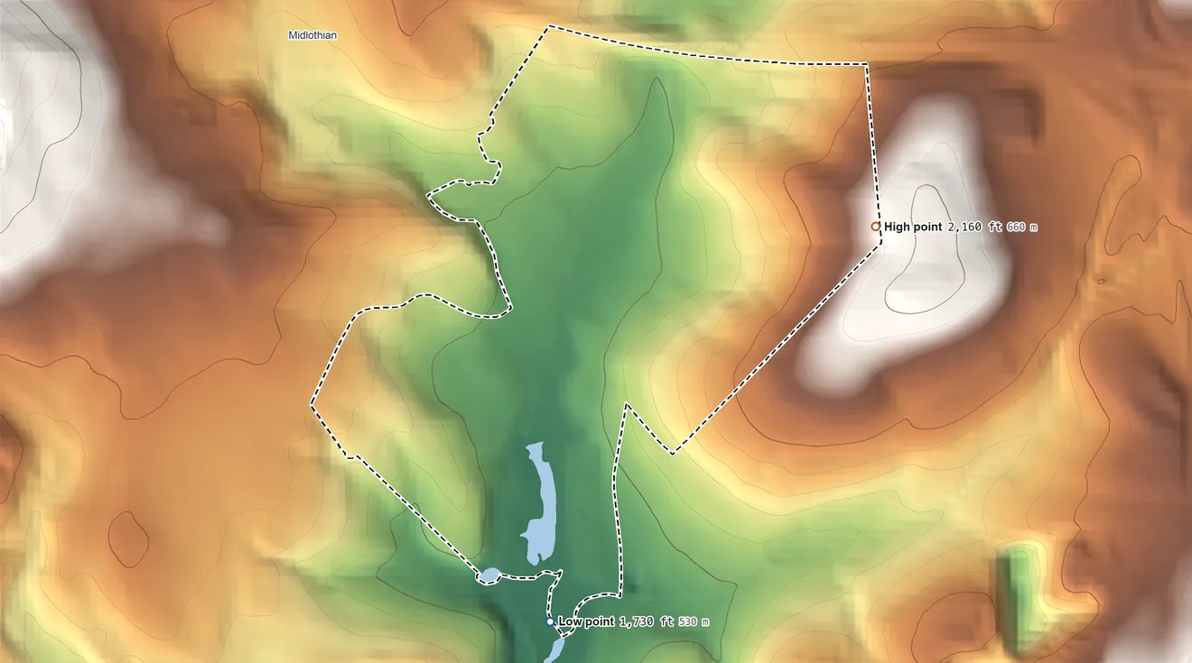 Topographic elevation map of Shaft, Maryland, shaded from 1,730 ft on the south side to 2,160 ft on the east edge, below higher ground just outside