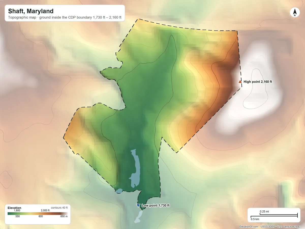 Topographic elevation map of Shaft, Maryland, shaded from 1,730 ft on the south side to 2,160 ft on the east edge, below higher ground just outside