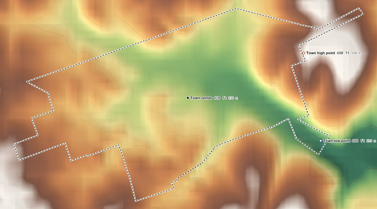 Topographic elevation map of Sharpsburg, Maryland, shaded from 400 ft on the east side to 490 ft on the east side