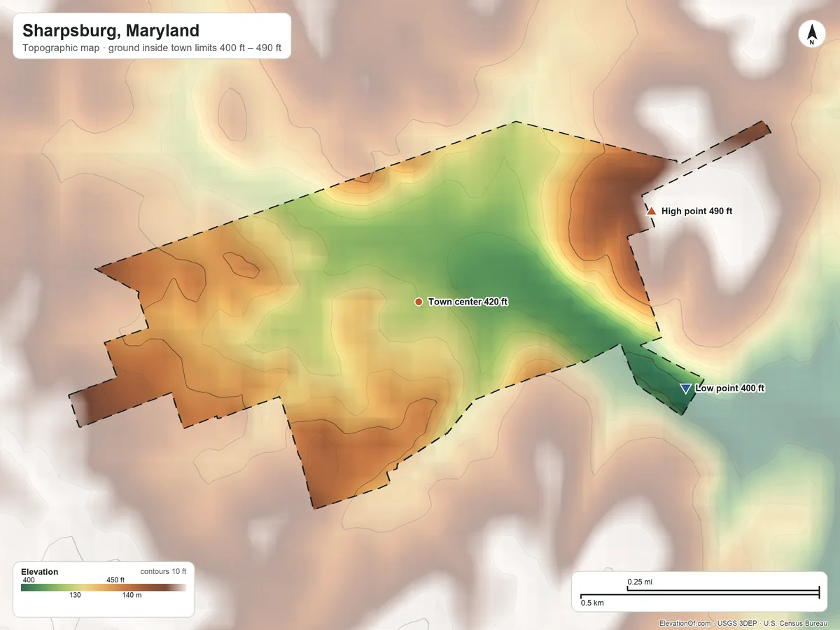 Topographic elevation map of Sharpsburg, Maryland, shaded from 400 ft on the east side to 490 ft on the east side