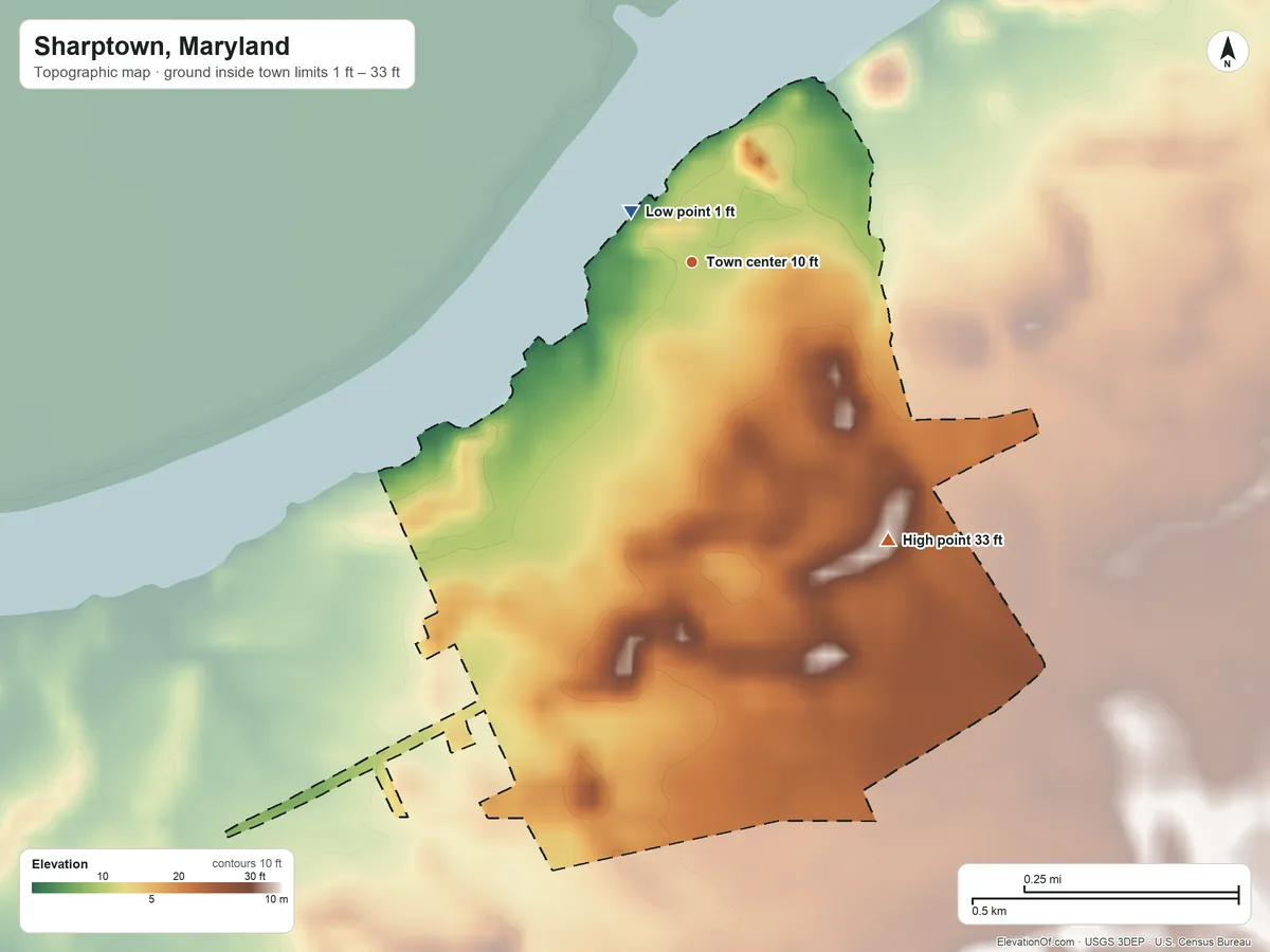 Topographic elevation map of Sharptown, Maryland, shaded from 1 ft near the middle to 33 ft on the southeast side