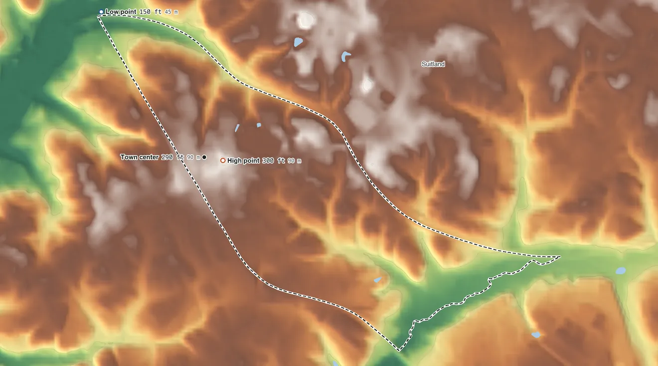 Topographic elevation map of Silver Hill, Maryland, shaded from 150 ft on the northwest side to 300 ft near the middle