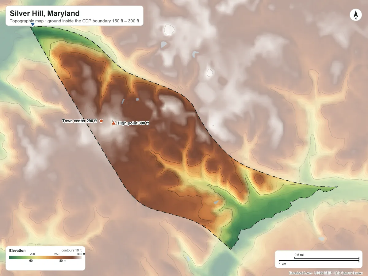 Topographic elevation map of Silver Hill, Maryland, shaded from 150 ft on the northwest side to 300 ft near the middle