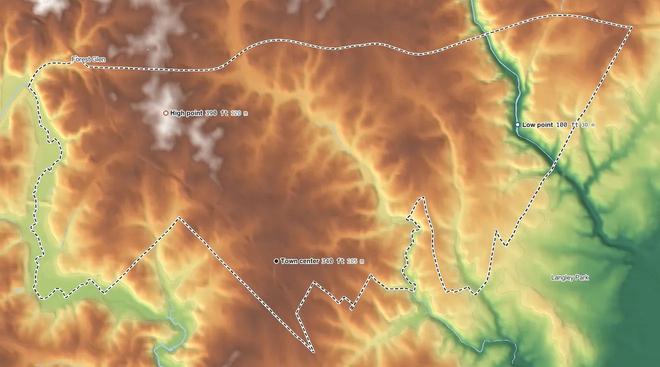 Topographic elevation map of Silver Spring, Maryland, shaded from 100 ft on the northeast side to 390 ft on the northwest side