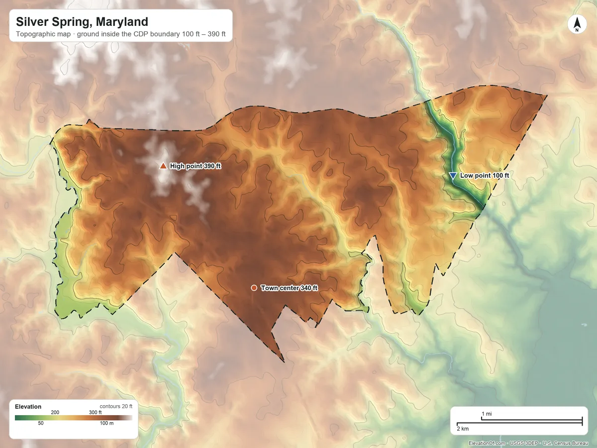 Topographic elevation map of Silver Spring, Maryland, shaded from 100 ft on the northeast side to 390 ft on the northwest side