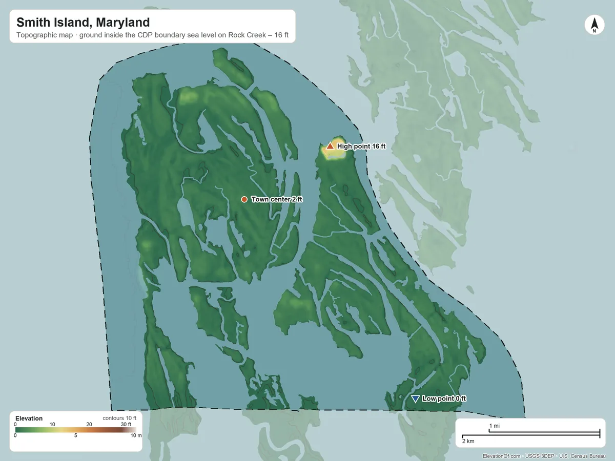 Topographic elevation map of Smith Island, Maryland, shaded from sea level level on Rock Creek to 16 ft on the northeast side