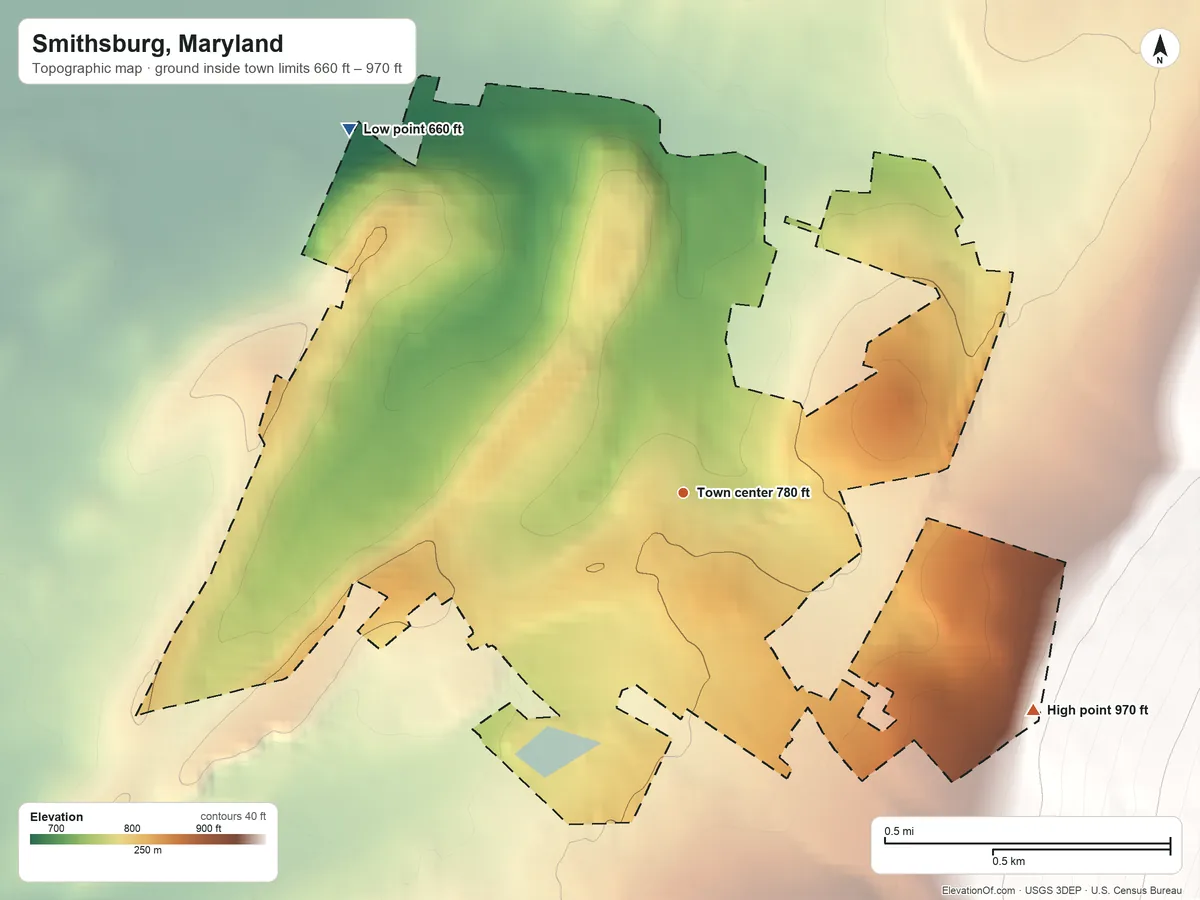 Topographic elevation map of Smithsburg, Maryland, shaded from 660 ft on the northwest side to 970 ft on the southeast edge, below higher ground just outside