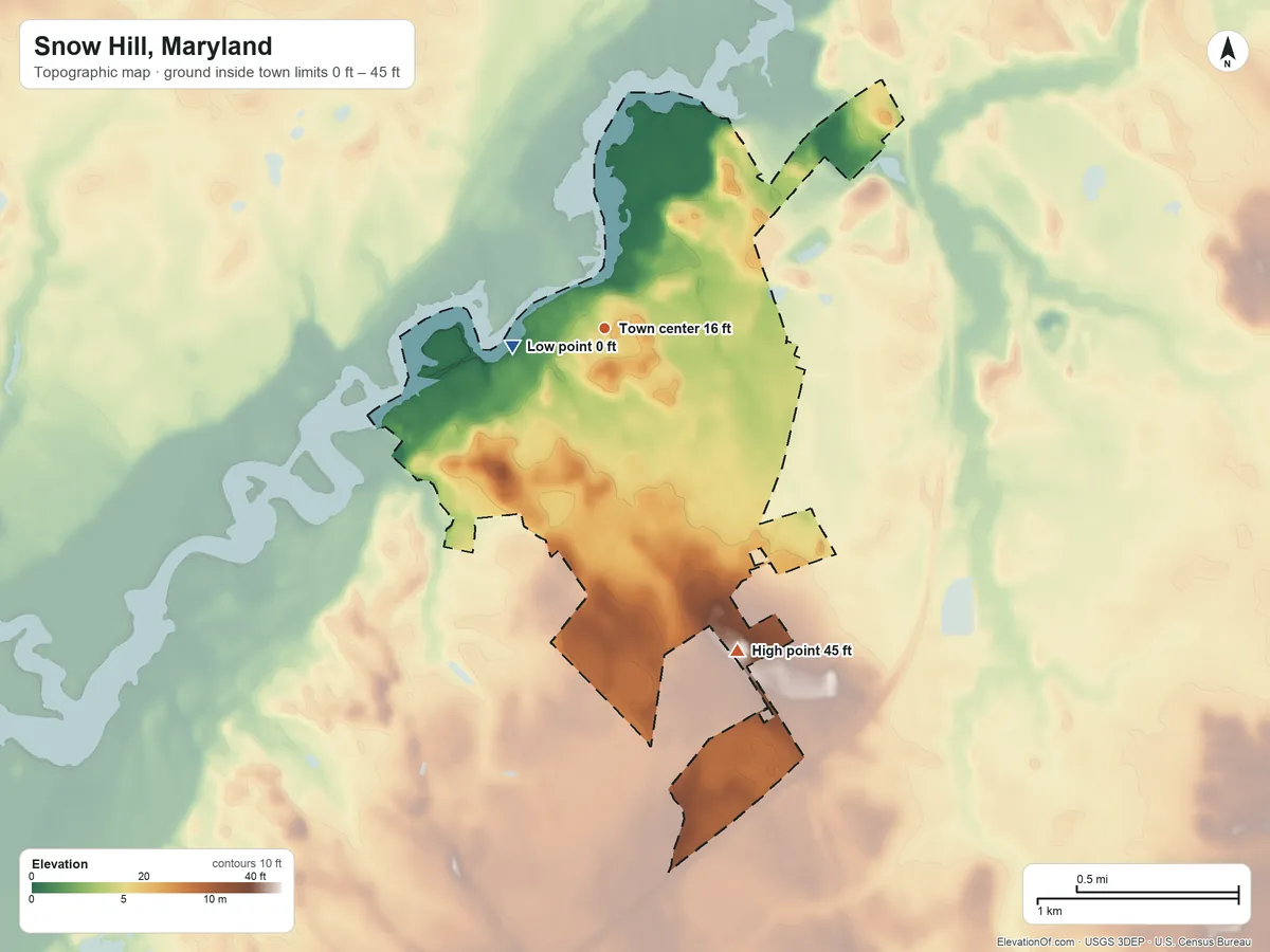 Topographic elevation map of Snow Hill, Maryland, shaded from 0 ft near the middle to 45 ft on the south side