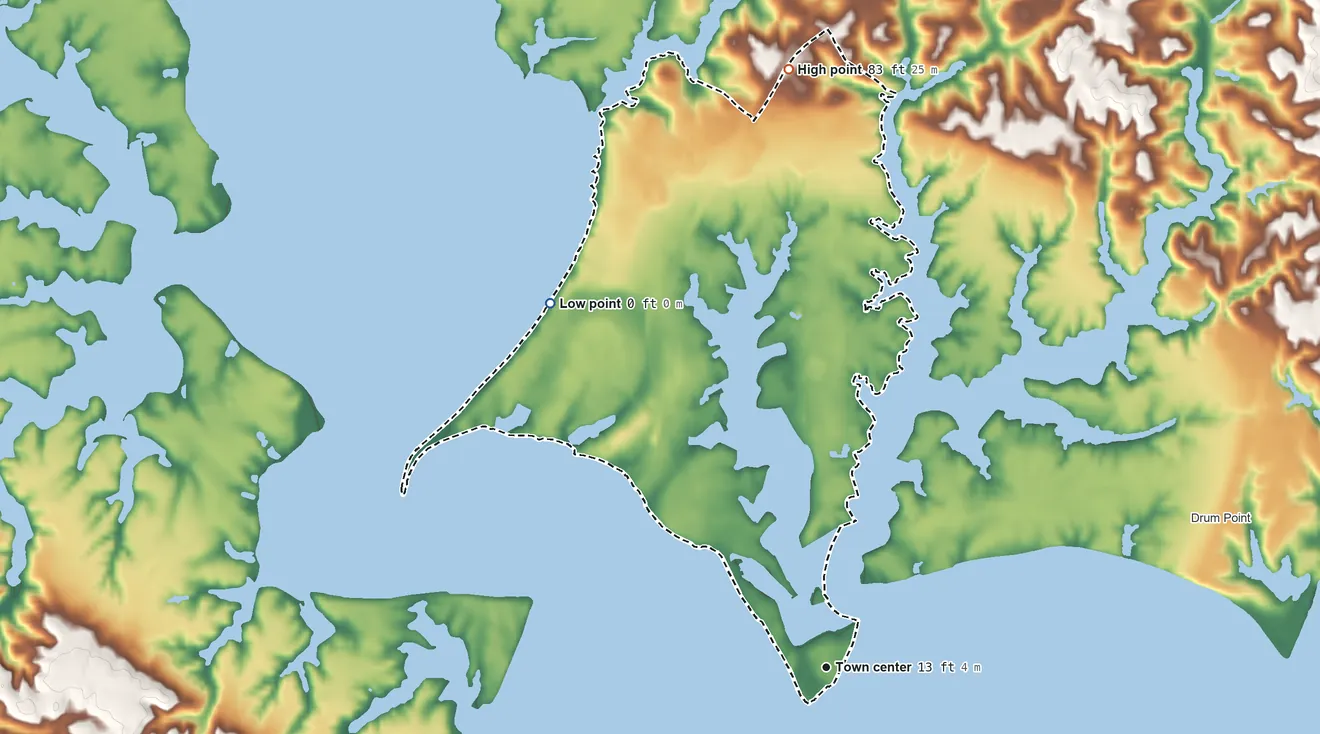 Topographic elevation map of Solomons, Maryland, shaded from sea level level on 3rd Cove to 83 ft on the north side