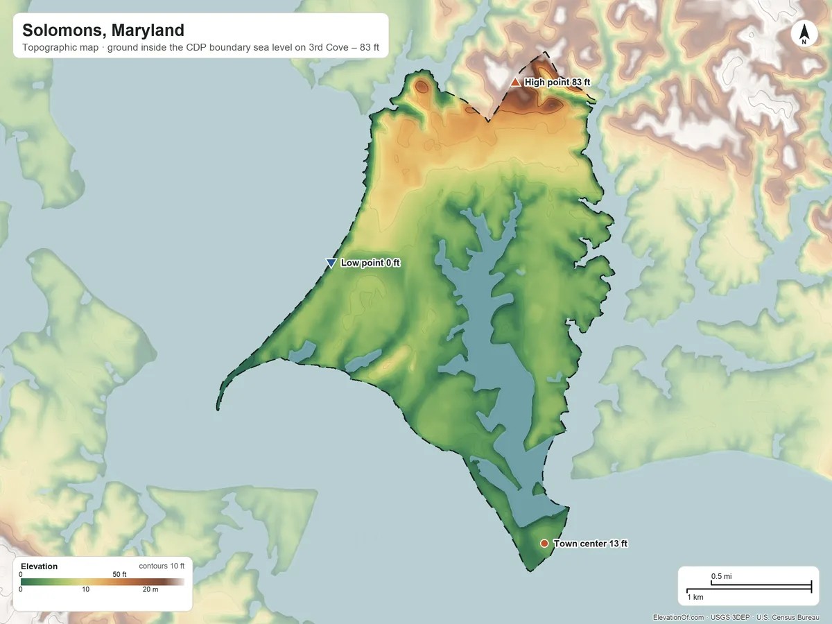 Topographic elevation map of Solomons, Maryland, shaded from sea level level on 3rd Cove to 83 ft on the north side