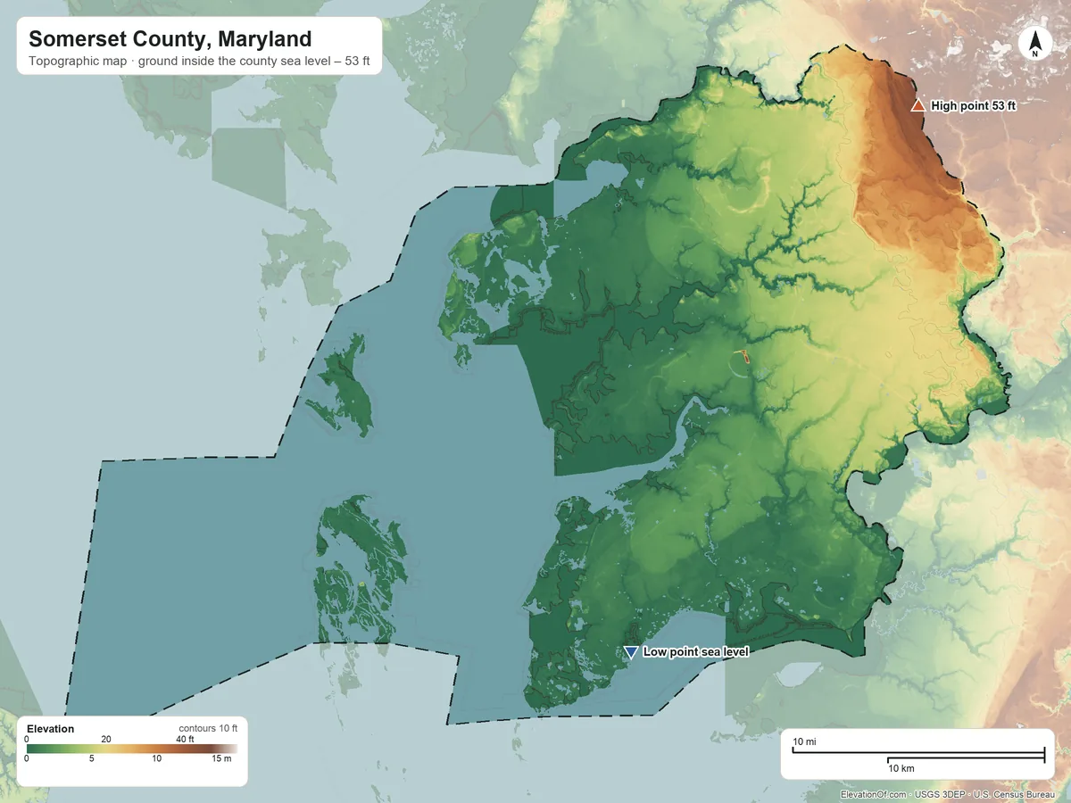 Topographic elevation map of Somerset County, Maryland, shaded from sea level on Pocomoke Sound to 53 ft on the northeast side