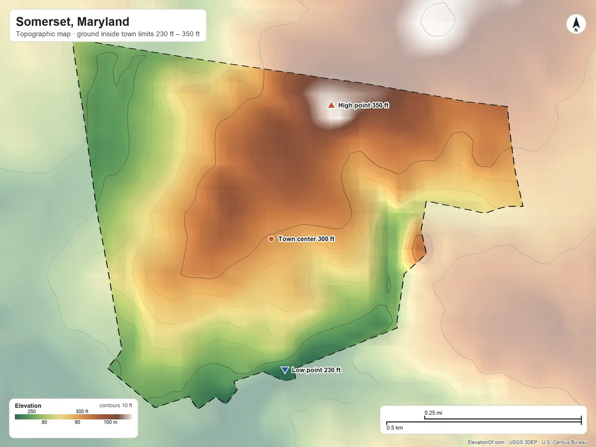Topographic elevation map of Somerset, Maryland, shaded from 230 ft on the south side to 350 ft on the northeast side