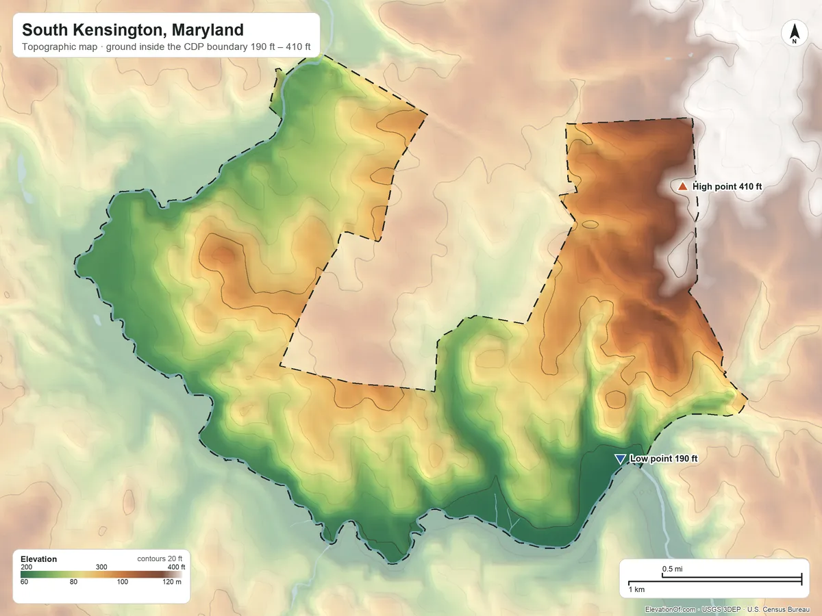 Topographic elevation map of South Kensington, Maryland, shaded from 190 ft on the southeast side to 410 ft on the northeast side