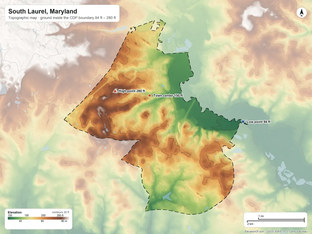 Topographic elevation map of South Laurel, Maryland, shaded from 94 ft on the east side to 280 ft on the west side