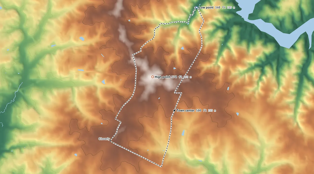 Topographic elevation map of Spencerville, Maryland, shaded from 340 ft on the north side to 570 ft on the northwest side