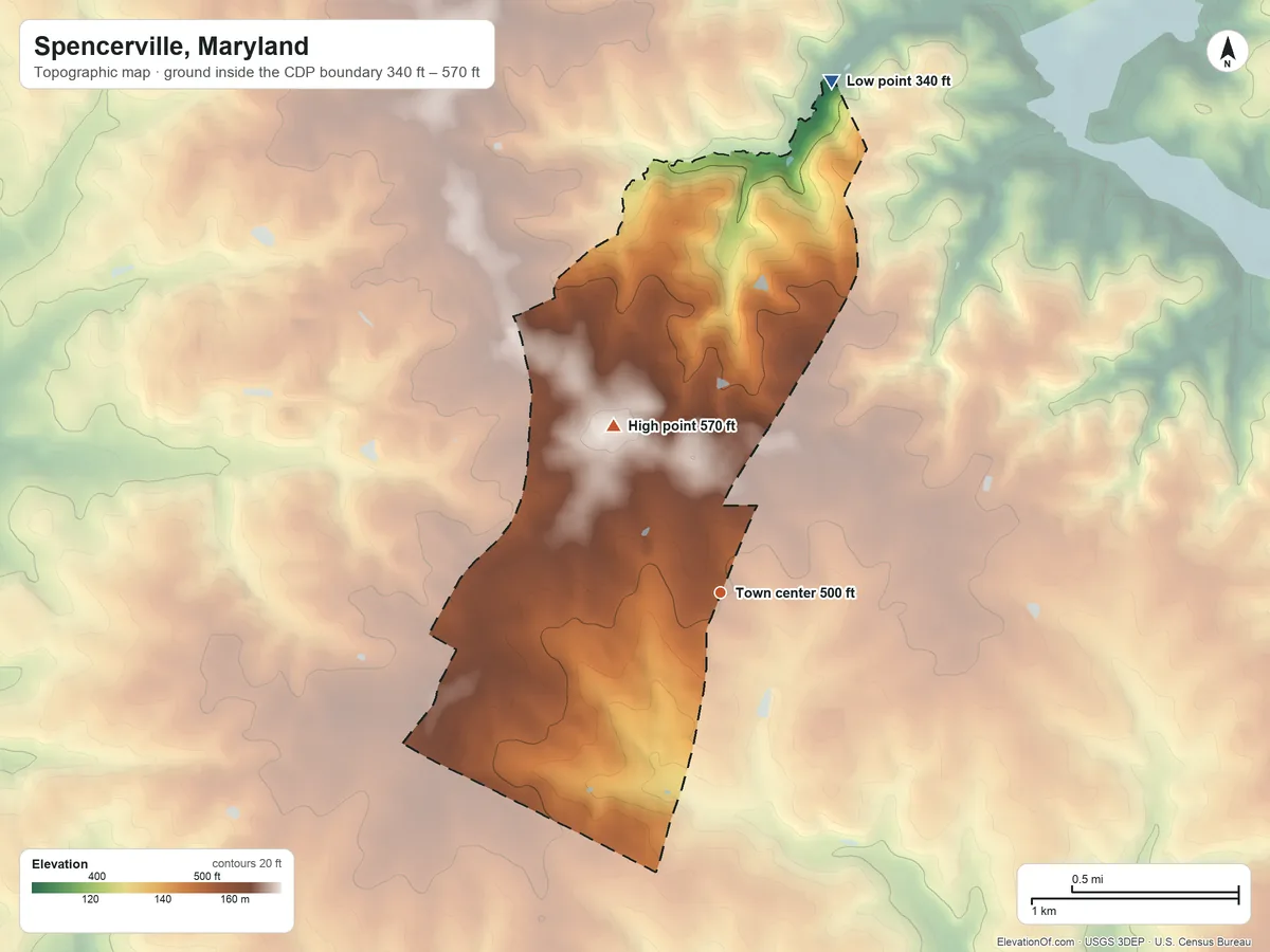 Topographic elevation map of Spencerville, Maryland, shaded from 340 ft on the north side to 570 ft on the northwest side