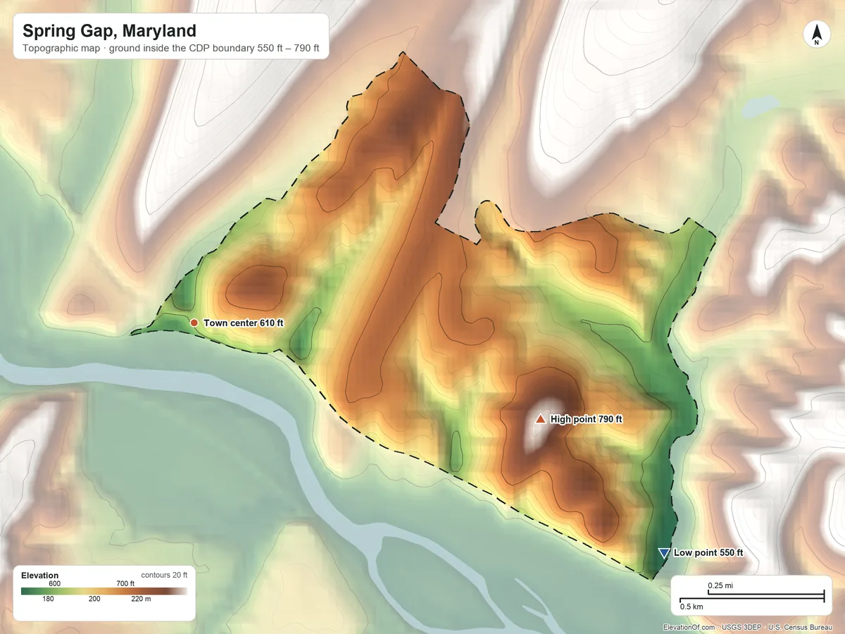 Topographic elevation map of Spring Gap, Maryland, shaded from 550 ft on the southeast side to 790 ft on the east edge, below higher ground just outside