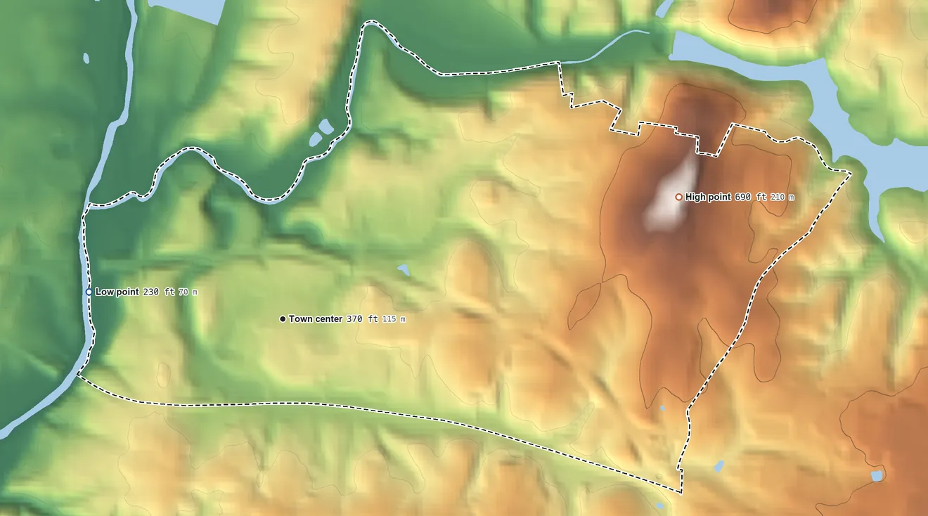 Topographic elevation map of Spring Ridge, Maryland, shaded from 230 ft on the west side to 690 ft on the east side