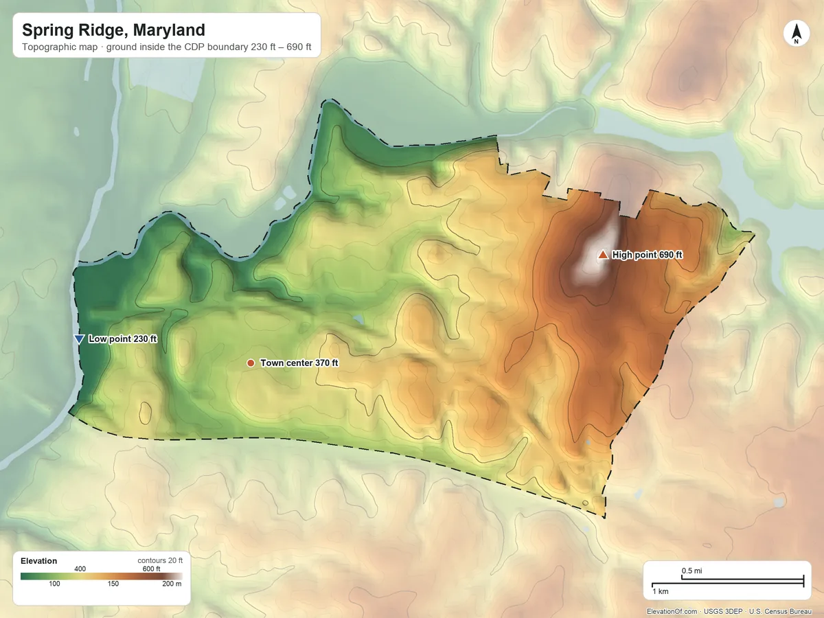 Topographic elevation map of Spring Ridge, Maryland, shaded from 230 ft on the west side to 690 ft on the east side