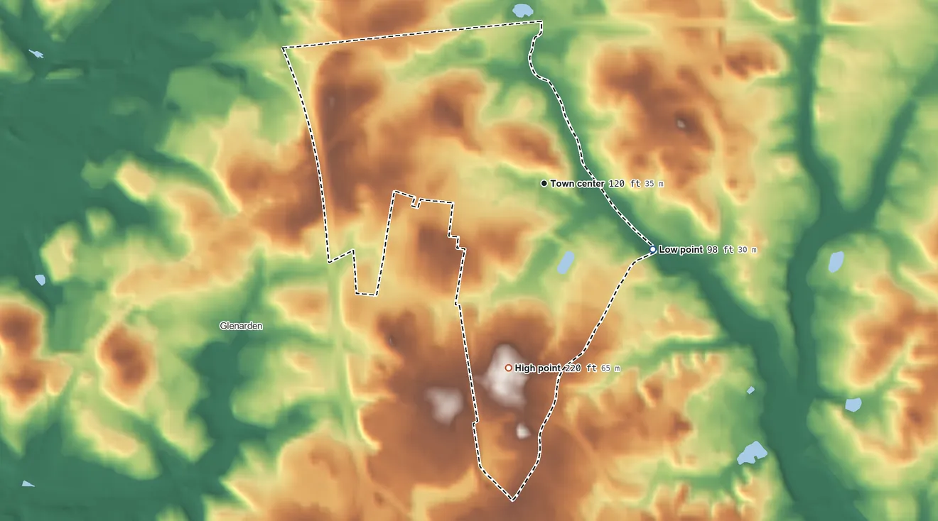 Topographic elevation map of Springdale, Maryland, shaded from 98 ft on the southeast side to 220 ft on the south side