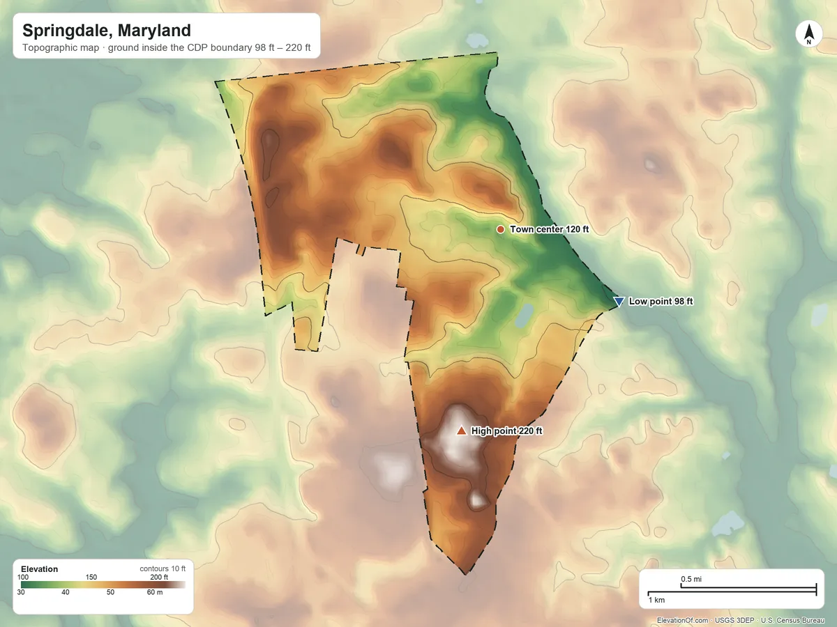 Topographic elevation map of Springdale, Maryland, shaded from 98 ft on the southeast side to 220 ft on the south side