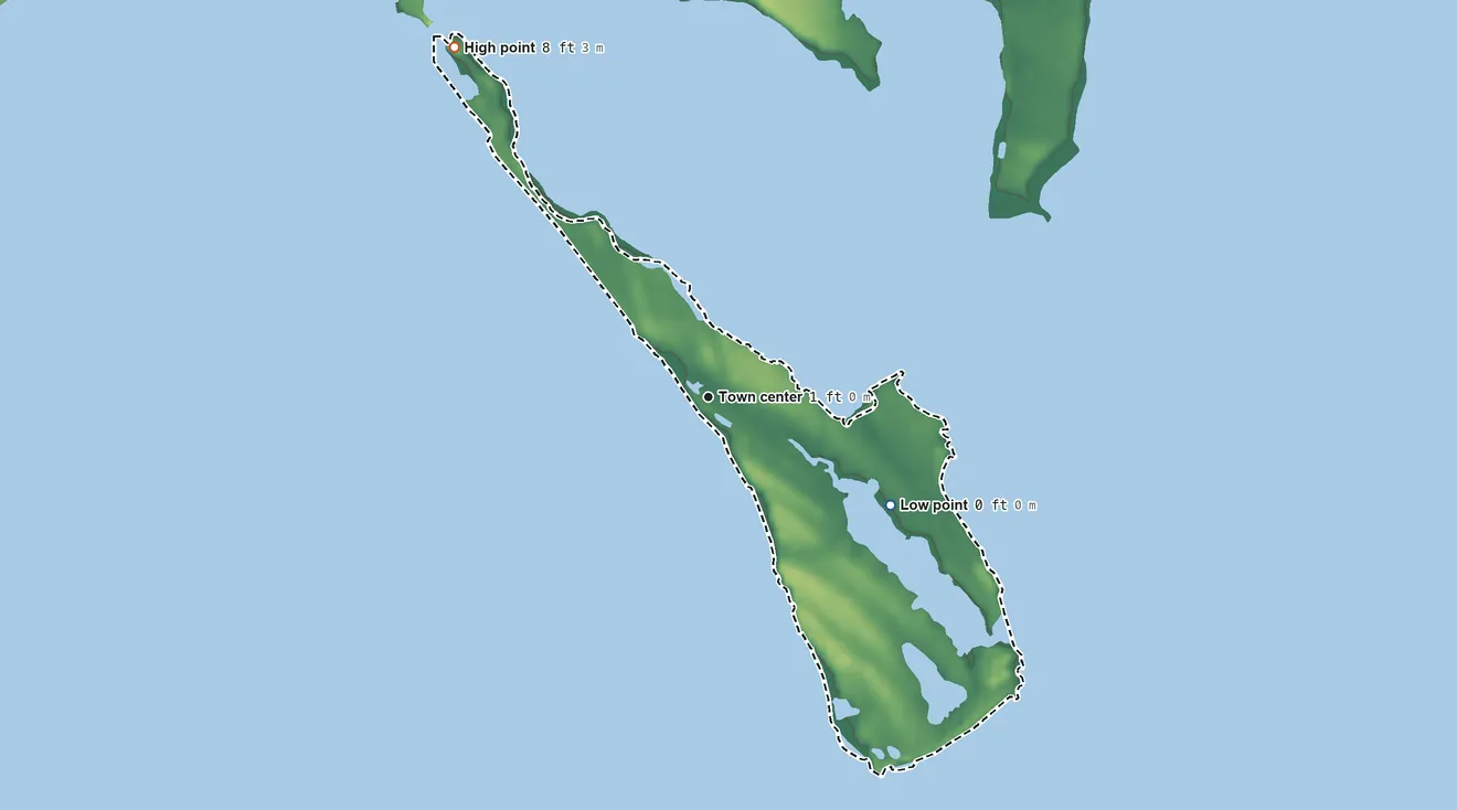 Topographic elevation map of St. George Island, Maryland, shaded from 0 ft on the southeast side to 8 ft on the northwest side