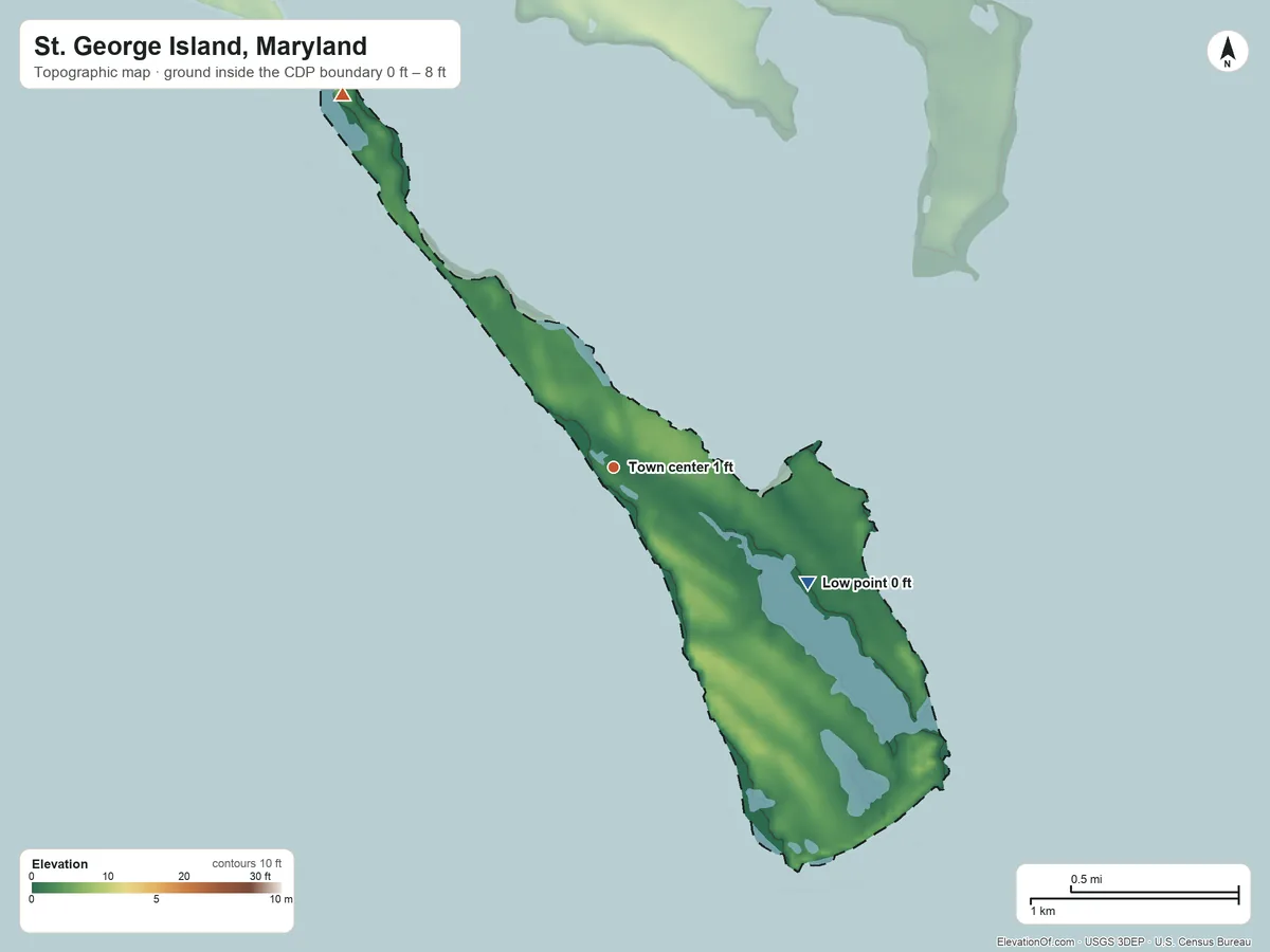 Topographic elevation map of St. George Island, Maryland, shaded from 0 ft on the southeast side to 8 ft on the northwest side
