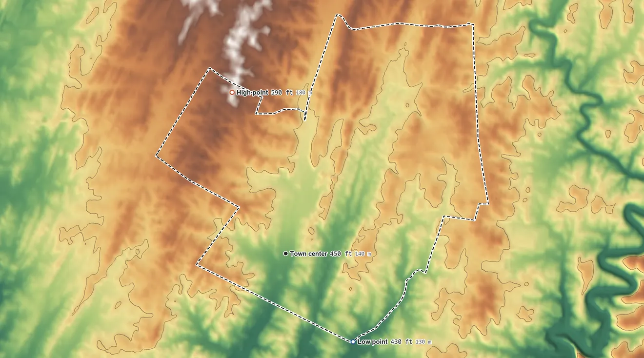 Topographic elevation map of St. James, Maryland, shaded from 430 ft on the southeast side to 590 ft on the north side