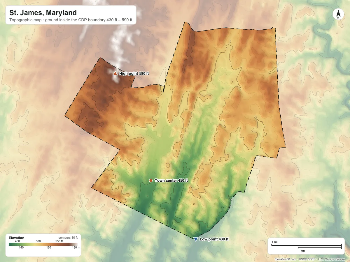 Topographic elevation map of St. James, Maryland, shaded from 430 ft on the southeast side to 590 ft on the north side