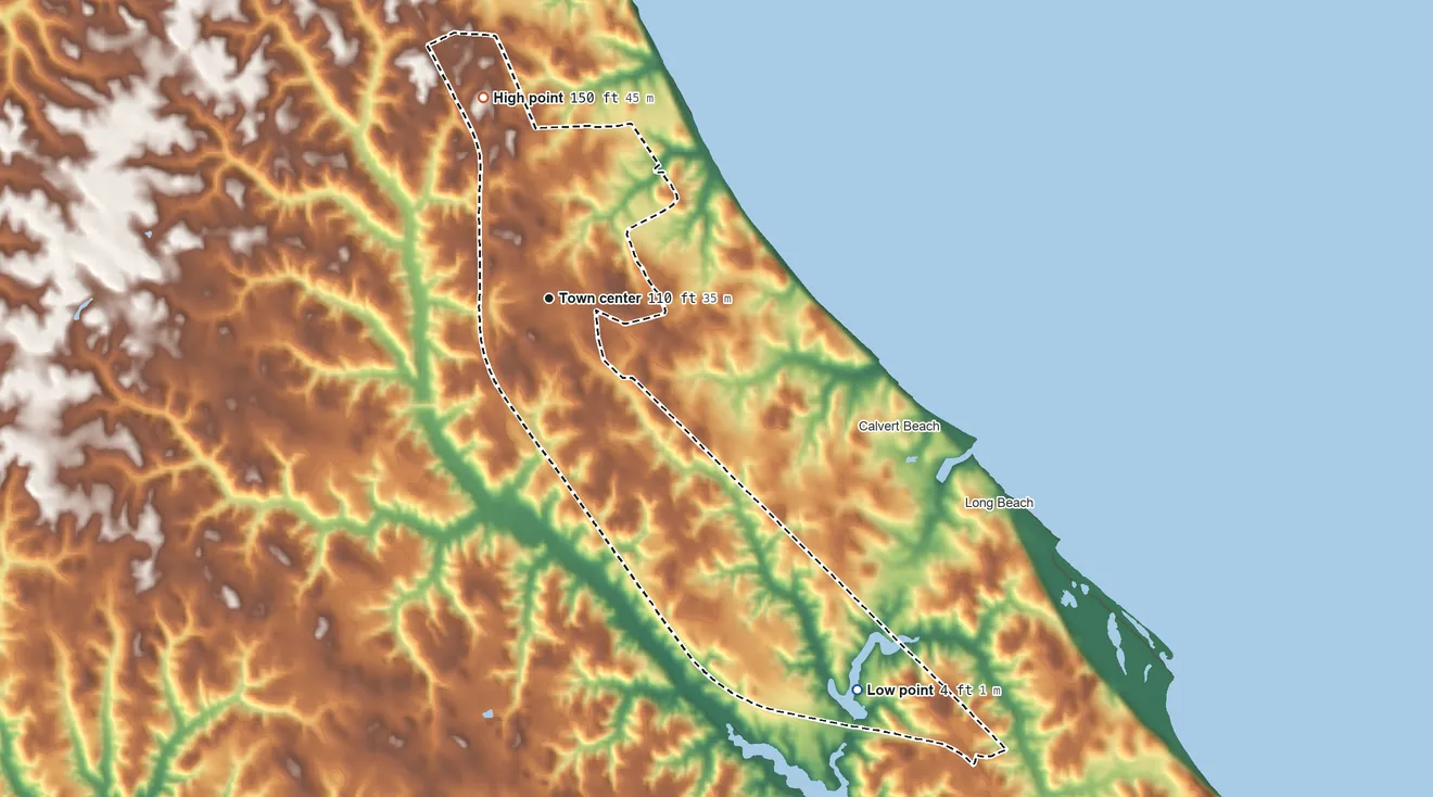 Topographic elevation map of St. Leonard, Maryland, shaded from 4 ft on the southeast side to 150 ft on the north side