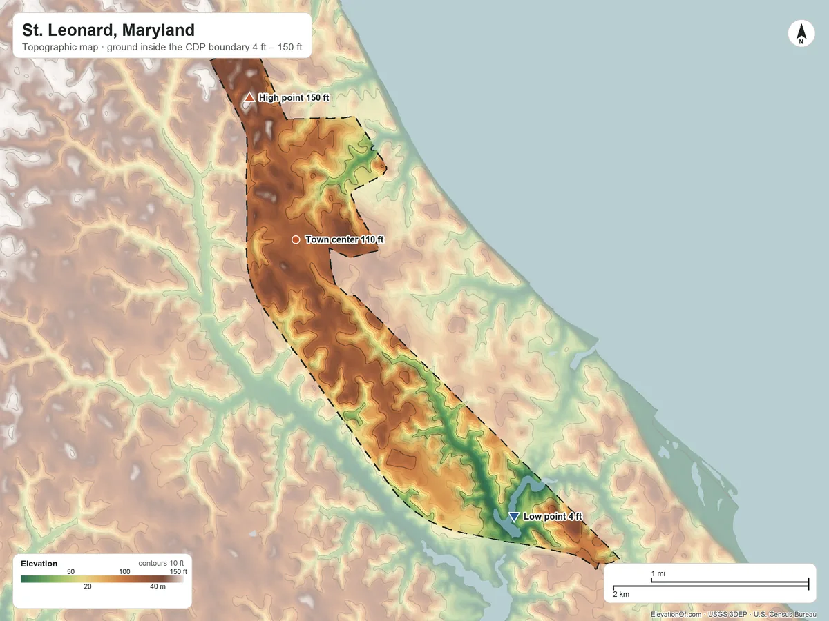 Topographic elevation map of St. Leonard, Maryland, shaded from 4 ft on the southeast side to 150 ft on the north side