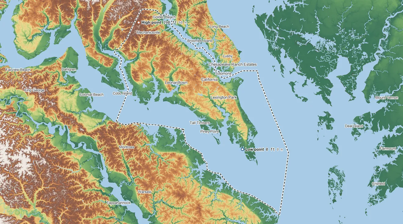 Topographic elevation map of St. Mary's County, Maryland, shaded from sea level on Rawley Bay to 190 ft on the northwest side