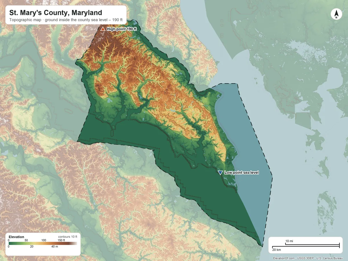 Topographic elevation map of St. Mary's County, Maryland, shaded from sea level on Rawley Bay to 190 ft on the northwest side
