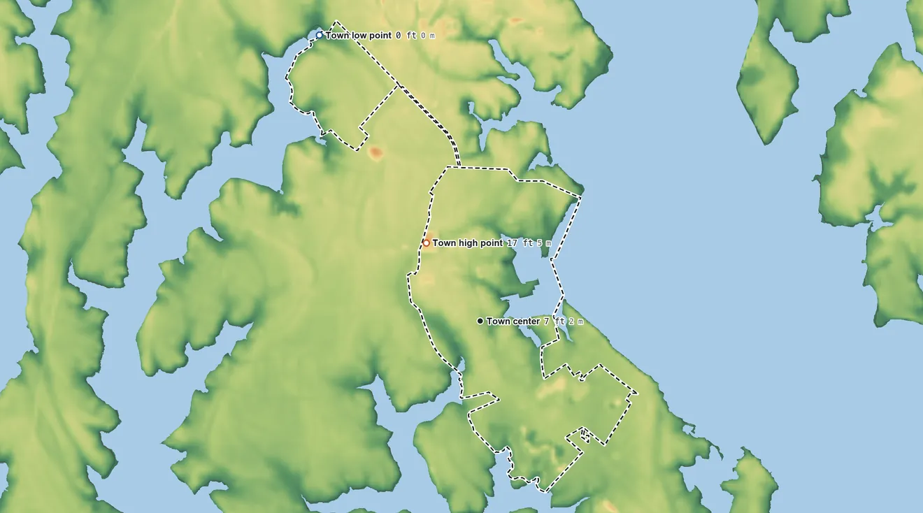 Topographic elevation map of St. Michaels, Maryland, shaded from sea level level on Porter Creek to 17 ft on the northwest side