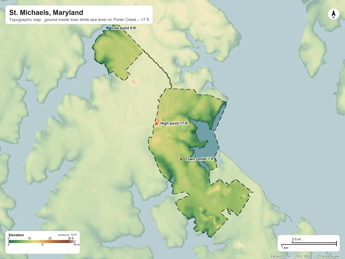 Topographic elevation map of St. Michaels, Maryland, shaded from sea level level on Porter Creek to 17 ft on the northwest side