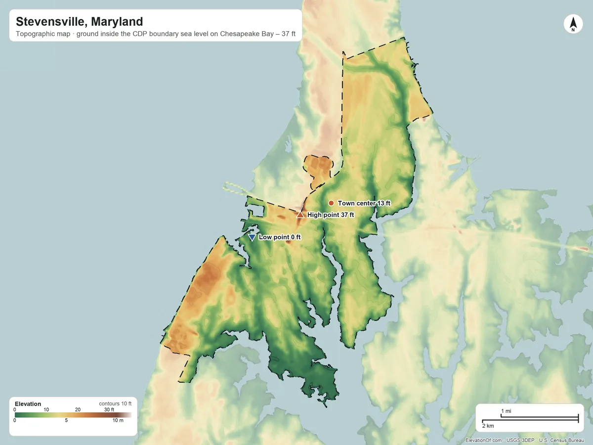 Topographic elevation map of Stevensville, Maryland, shaded from sea level level on Chesapeake Bay to 37 ft near the middle