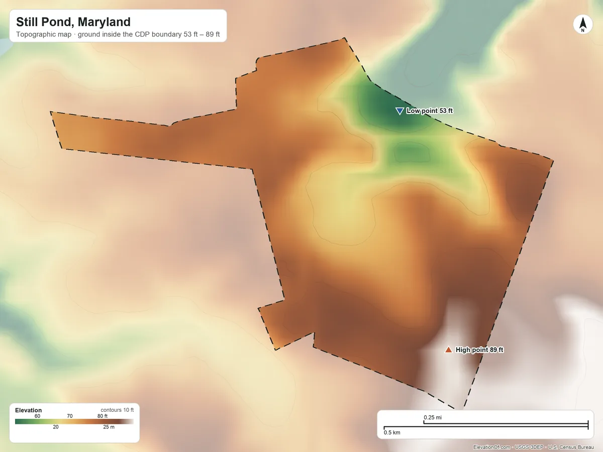 Topographic elevation map of Still Pond, Maryland, shaded from 53 ft on the east side to 89 ft on the southeast side