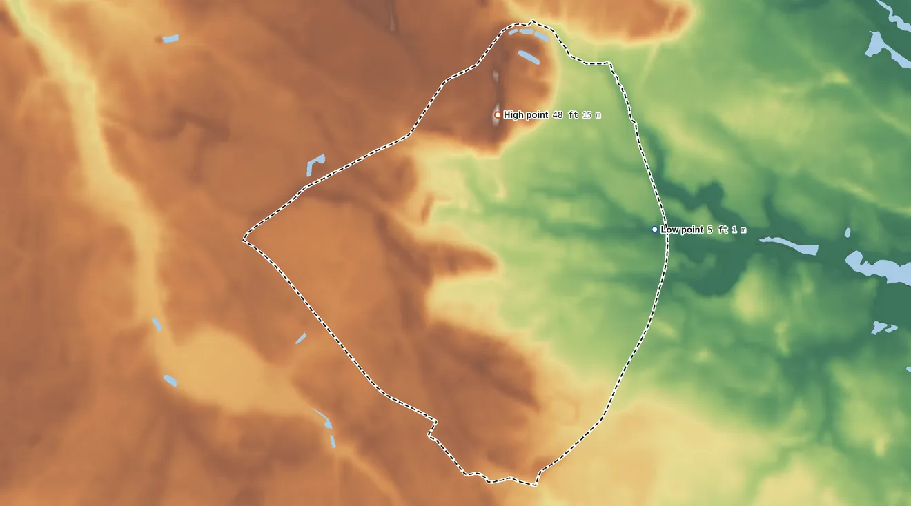 Topographic elevation map of Stockton, Maryland, shaded from 5 ft on the east side to 48 ft on the northwest side