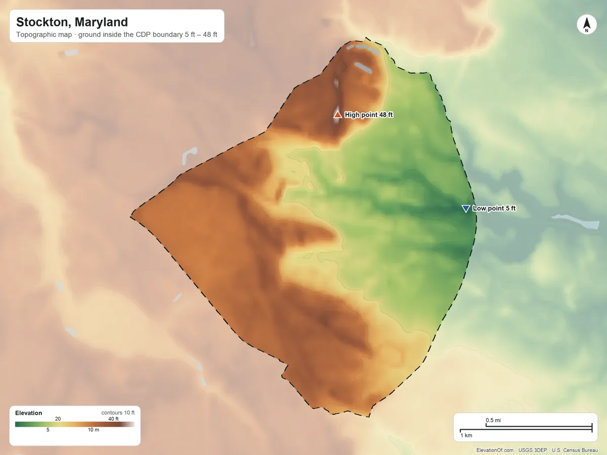 Topographic elevation map of Stockton, Maryland, shaded from 5 ft on the east side to 48 ft on the northwest side