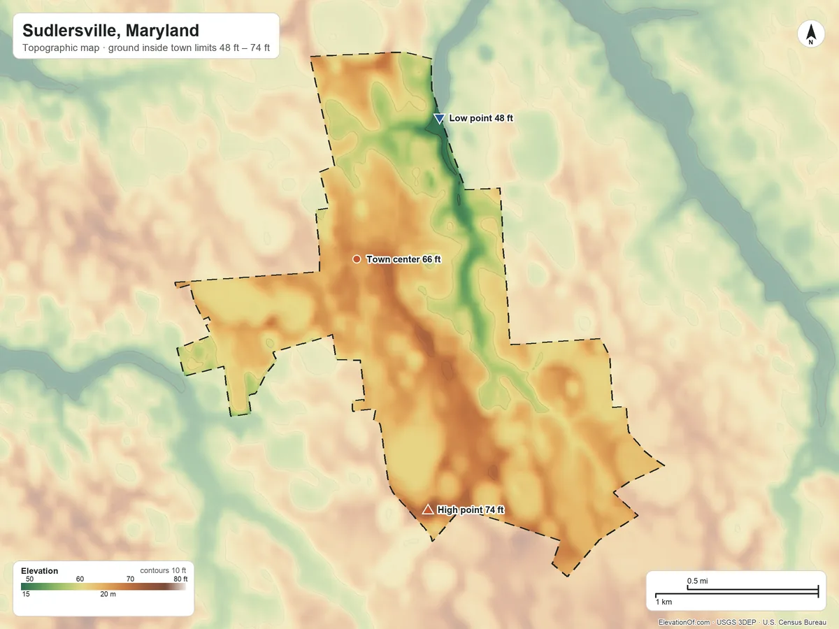 Topographic elevation map of Sudlersville, Maryland, shaded from 48 ft on the northeast side to 74 ft on the south side